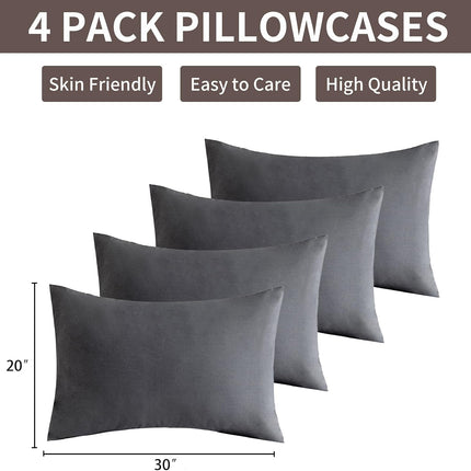 4-Pack Queen Pillowcases 20x30 Dark Gray, Soft Breathable Microfiber, Envelope