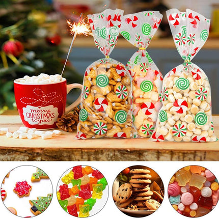50PCS Christmas Treat Bags – Red & Green Candy Print Cellophane Candy Bags for Holiday Gifts