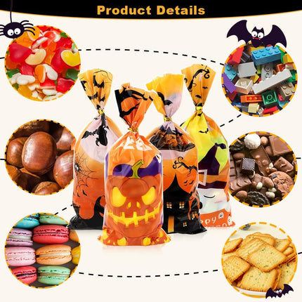100-Piece Halloween Treat Bags, Cellophane Candy Goodie Bags with Twist Ties