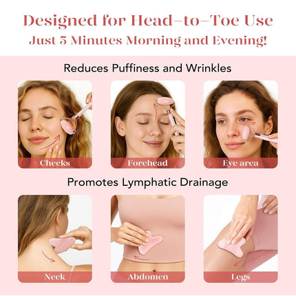 Rose Quartz Face Roller Gua Sha Set Depuffing Lymphatic Massage Tool