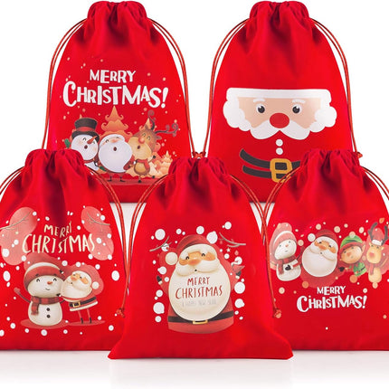 5PCS Flannel Christmas Gift Bags – Small Drawstring Bags for Party Favors