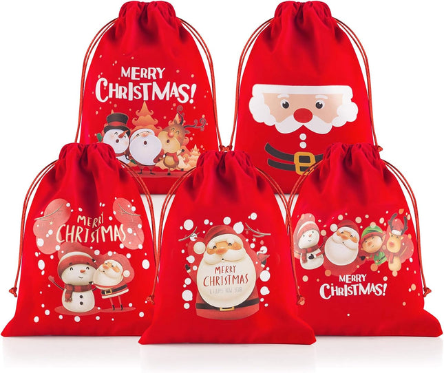 5PCS Flannel Christmas Gift Bags – Small Drawstring Bags for Party Favors