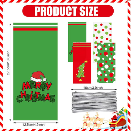 100 PCS Christmas Cellophane Treat Bags with 150 Twist Ties – Red & Green