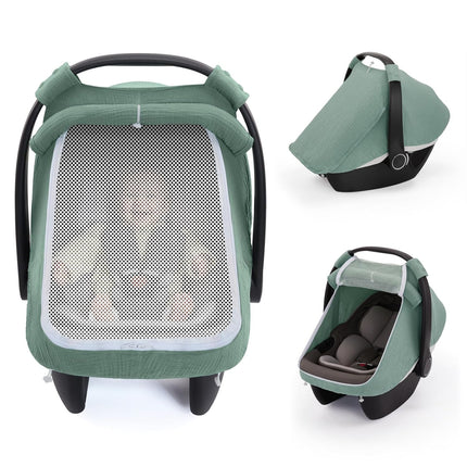 Muslin Baby Car Seat Cover Infant Canopy Roman Green Breathable Mesh Window 360°