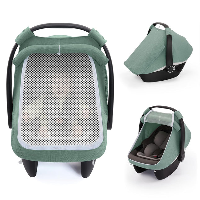 Muslin Baby Car Seat Cover Infant Canopy Roman Green Breathable Mesh Window 360°