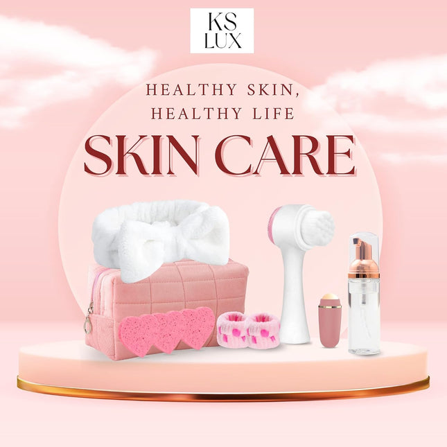 Pink Skincare Tools Set for Teens, Facial Cleansing Accessories & Face Washing Kit