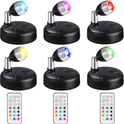 6 Pack Battery LED Wireless Spotlights, RGB 13 Colors, Dimmable Rotatable Lights, Remote