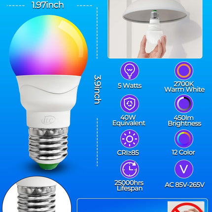 RGB LED Light Bulbs 4 Pack, A15 E26 40W Equivalent, 450LM, 12 Colors, Remote