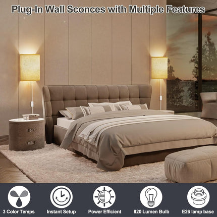 Set of 2 Plug In Wall Sconces Linen Fabric Shade Stepless Color Temperature Lamp