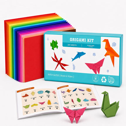 200 Sheets Origami Paper Kit, 6x6in Double-Sided Colored Paper with Guide, Kids