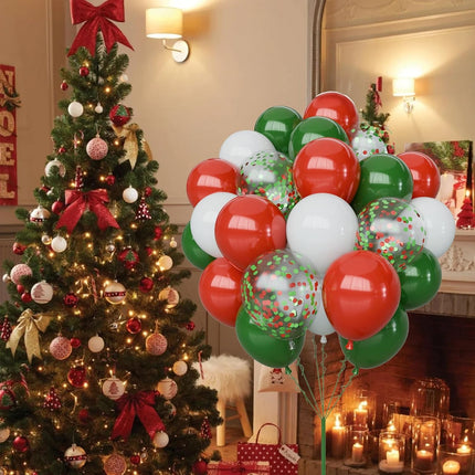 65PCS Christmas Balloons Set – 12" Red, Green & White Latex and Confetti Balloons