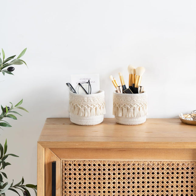 Set of 2 Ivory Macrame Makeup Brush Holders, Mini Boho Woven Storage Baskets