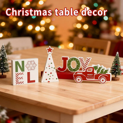 4PCS Christmas Wooden Table Decorations – Red Truck JOY NOEL Tiered Tray Decor