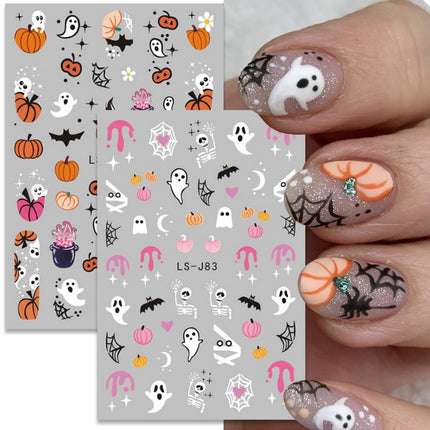 6-Piece Halloween Nail Art Stickers, 3D Ghost Pumpkin Bat Cat Skull Nail Decals
