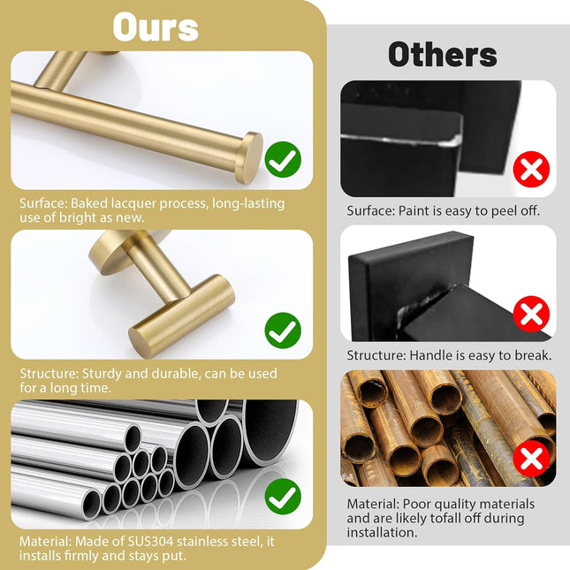 10pc Brushed Gold Bathroom Towel Bar Set, SUS304 Stainless Steel, 23.6 Inch Rack