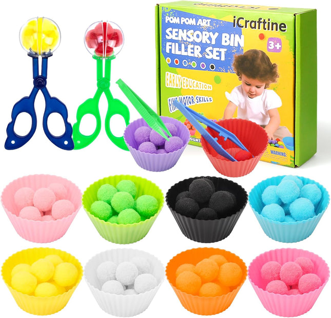 114 PCS Sensory Bin Filler – Sorting Bowls, Pom Poms, Tweezers for Early Education