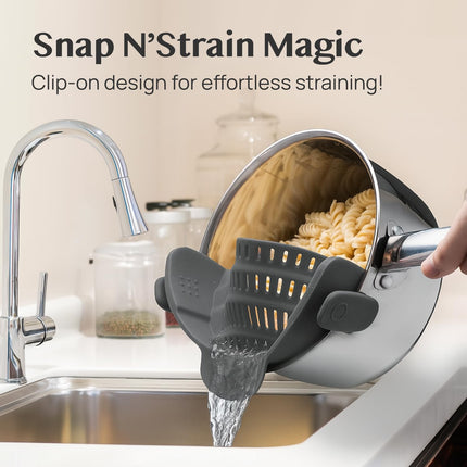 Snap N' Strain Silicone Pasta Strainer – Clip-On Heat Resistant Colander for Cooking