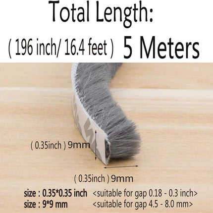 Self Adhesive Pile Weather Stripping Seal for Sliding Windows Doors 16.5Ft Grey