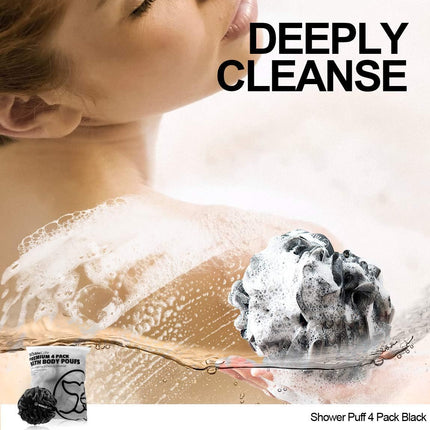 Loofah Bath Sponges – 4 Pack, Gentle Exfoliating Shower Mesh, Black