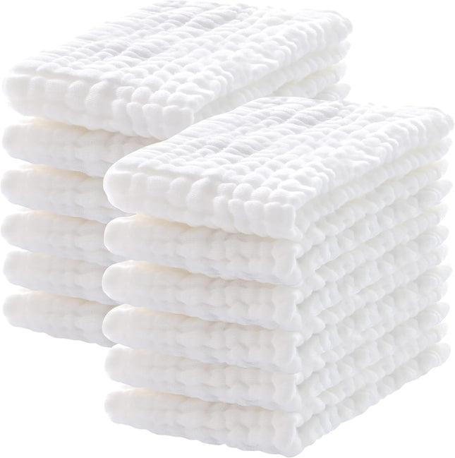 12-Pack Muslin Burp Cloths – 100% Cotton, Large & Absorbent, White