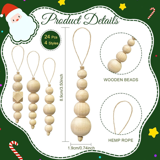 24-Piece Christmas Tree Ornaments, Natural Wooden Beads for Rustic Holiday Decor