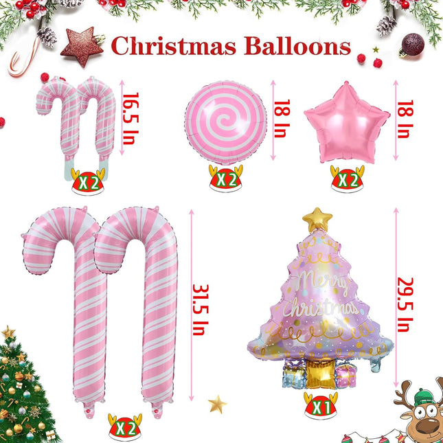 9PCS Pink Christmas Balloons – Tree & Candy Cane Foil Balloons for Party