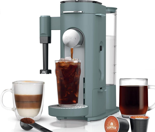 Pods & Grounds Single Serve Coffee Maker with Milk Frother Sage Green