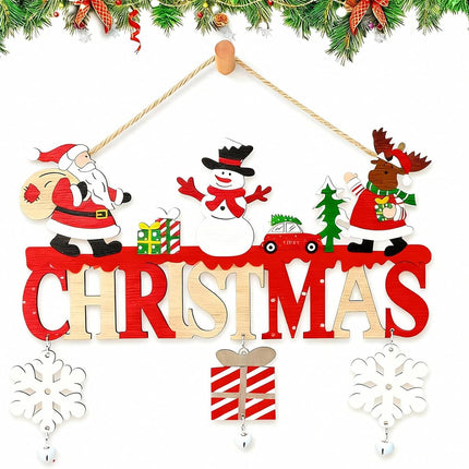 Merry Christmas Wooden Hanging Sign Ornament Santa Snowflake Jingle Bells