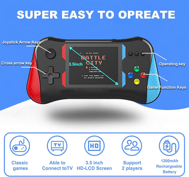 Handheld Game Console for Kids, 500 Retro Games, 3.5” LCD, Rechargeable