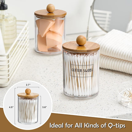 4-Pack Qtip Holder Dispenser – Clear Plastic Jars with Bamboo Lids