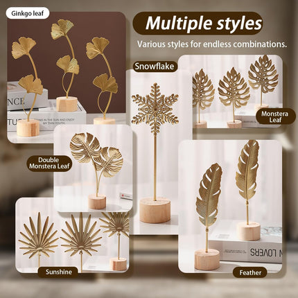 Gold Leaf Home Decor Set, Metal Leaf Statues, Modern 3D Botanical Sculptures for Shelf & Living Room