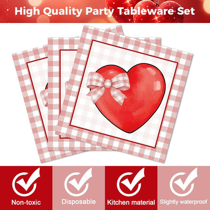 96 PCS Valentine’s Day Plates & Napkins Set: Red Heart Paper Dinnerware for 24