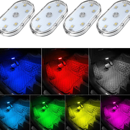 4Pcs Wireless Car LED Interior Lights, 7 Color USB Rechargeable Night Lamps