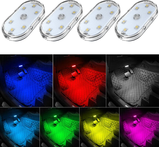 4Pcs Wireless Car LED Interior Lights, 7 Color USB Rechargeable Night Lamps