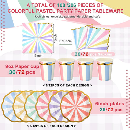 108-Piece Colorful Party Set – Pastel Striped Plates, Napkins & Cups