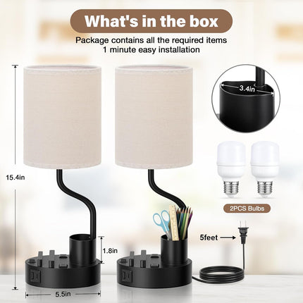 Set of 2 Bedside Table Lamps with USB-C USB-A Ports AC Outlets Phone Pen Holder