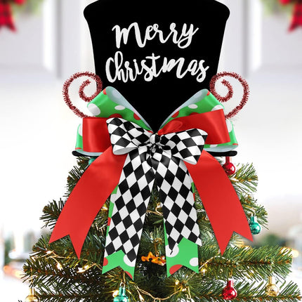 Holiday Tree Topper Top Hat – Whimsical Xmas Decor with Buffalo Check Bows