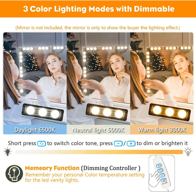 LED Vanity Mirror Lights – 3 Color Modes, Dimmable, Stick-On, Ultra Bright