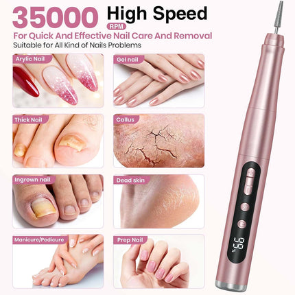 Cordless Nail Drill 35000RPM, Rechargeable Nail File with LCD Display & 9 Bits