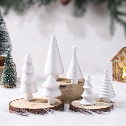 6PCS Mini Wooden Christmas Trees – White Farmhouse DIY Tabletop Decor