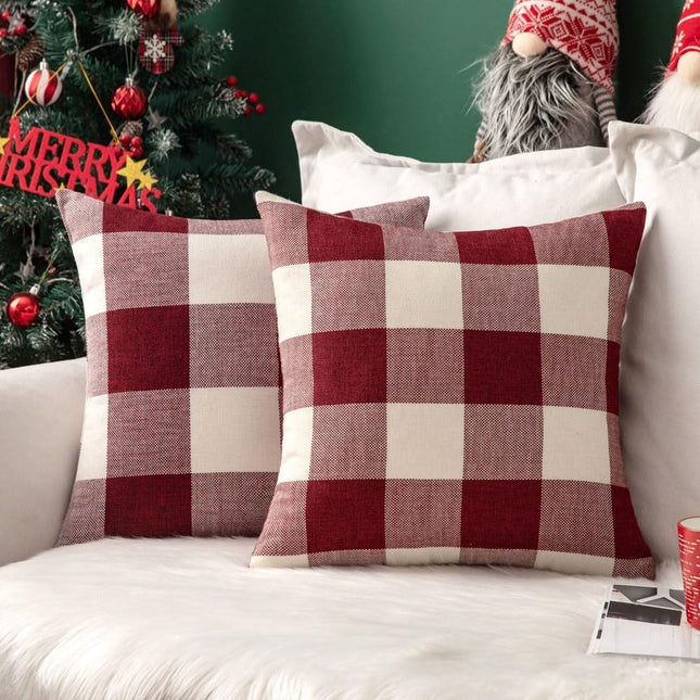 2 Pack Christmas Pillow Covers – 18x18 Red & White Buffalo Plaid Farmhouse
