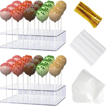 2 Pack Cake Pop Stand Kit Acrylic Holder 100 Sticks Wrappers Twist Ties