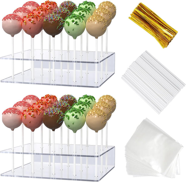 2 Pack Cake Pop Stand Kit Acrylic Holder 100 Sticks Wrappers Twist Ties