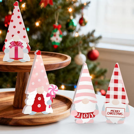 4PCS Pink Wooden Christmas Gnomes – Cute Tabletop Holiday Decorations