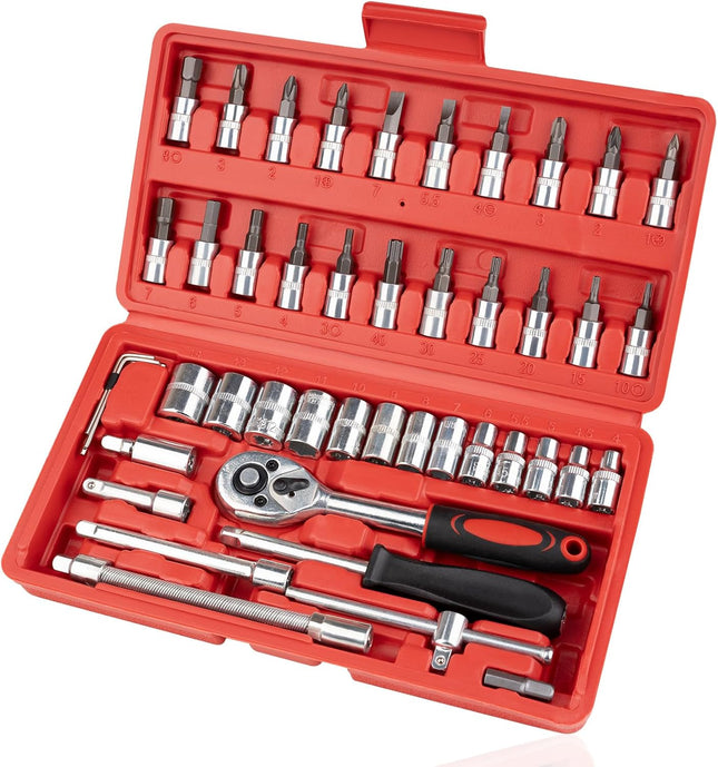 46 Piece 1/4 Inch Ratchet Socket Tool Set with Extension Bar for Car Repair