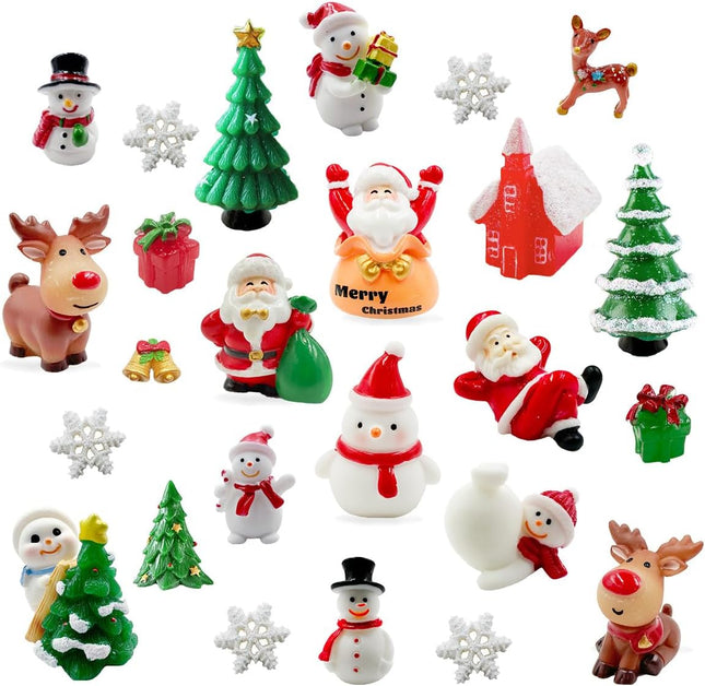 25pcs Christmas Mini Figurines – Resin Santa, Snowman & Animal Ornaments