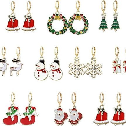 10 Pairs Christmas Hoop Huggie Earrings – Christmas Tree, Bells & Stud Earrings for Women