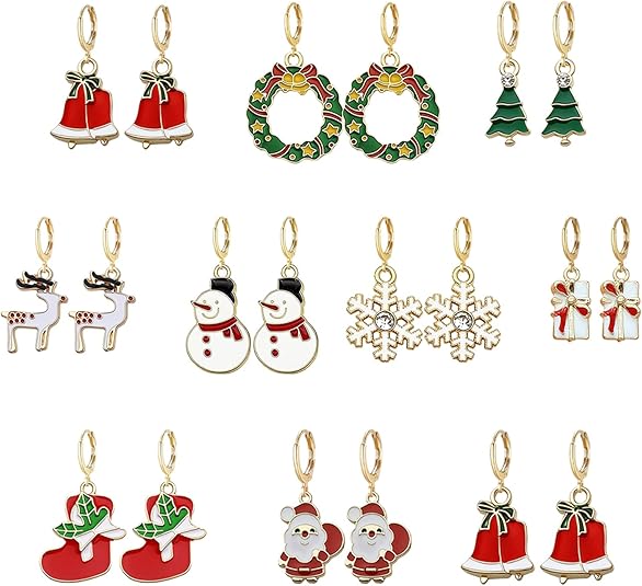 10 Pairs Christmas Hoop Huggie Earrings – Christmas Tree, Bells & Stud Earrings for Women