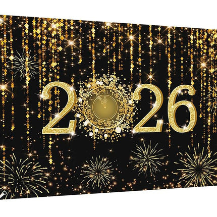 2026 NYE Photography Backdrop – Black & Gold Cheers to 2026 Photo Props