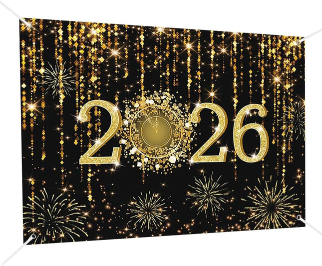 2026 NYE Photography Backdrop – Black & Gold Cheers to 2026 Photo Props